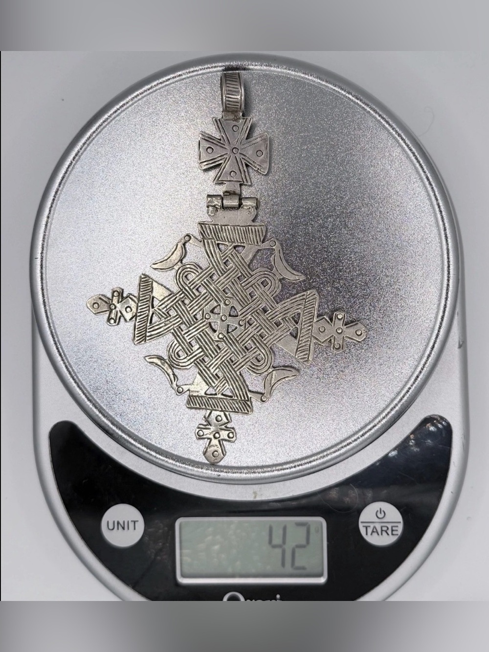 Vintage Ethiopian Cross Pendant Birds Large 5” Heavy 42g Silver Hinged Bale - Picture 5 of 6